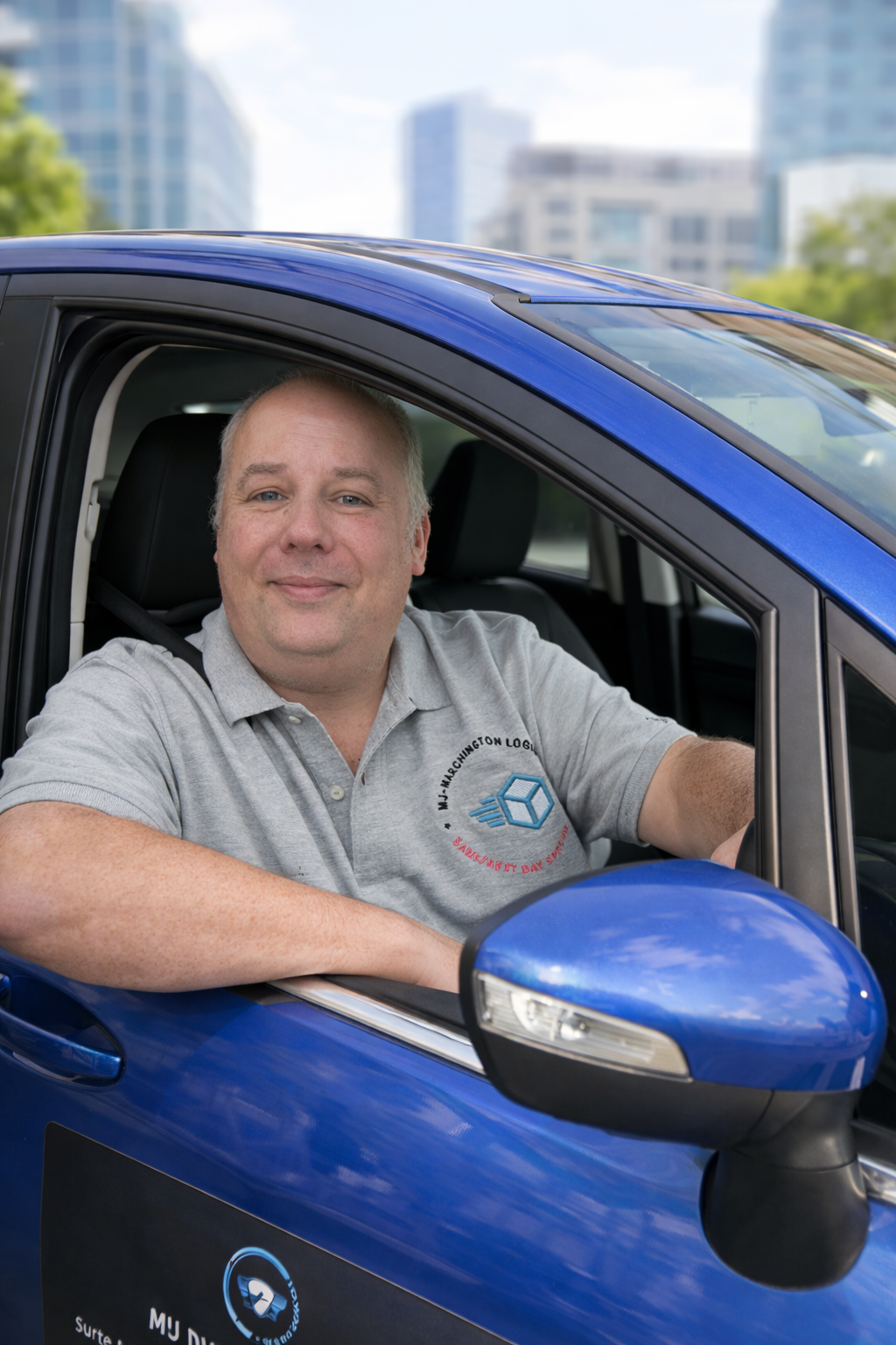 Smiling driver in blue hatchback car